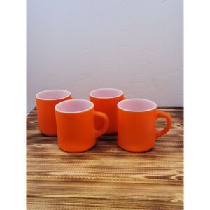 4x Vtg ORANGE Hazel Atlas "Orange Peel" Texture Painted Milk Glass Cup Mug‎ MCM